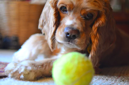 Close-up of a cocker spaniel dog’s face and muzzle intently focused on a bright tennis ball on the carpet — 4K Ultra HD PC desktop wallpaper/background.