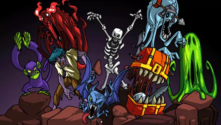 HD wallpaper featuring colorful characters from Crypt of the NecroDancer, including a flaming-headed figure, skeleton, and a mimic chest.