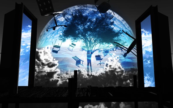 Anime Original Earth Fantasy Chair Tree Cloud Blue Sky Black 3D CGI HD Wallpaper | Background Image