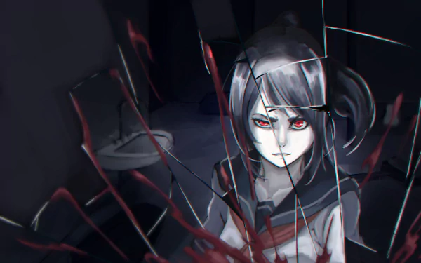 HD desktop wallpaper featuring Ayano Aishi, also known as Yandere-Chan, from the video game Yandere Simulator, with a dark, eerie ambiance and shattered glass effects.