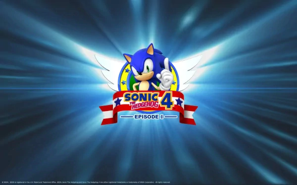 HD wallpaper featuring Sonic the Hedgehog from the video game Sonic the Hedgehog 4: Episode I, with a dynamic blue background and the game's logo prominently displayed.