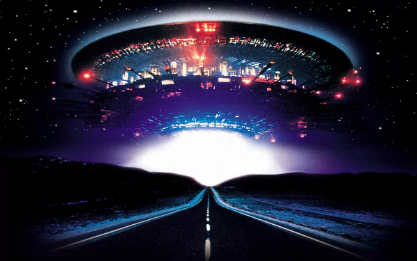 HD PC desktop wallpaper featuring a dramatic scene from the movie Close Encounters Of The Third Kind with a glowing UFO hovering above a dark road at night.