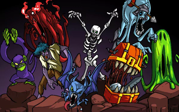 HD wallpaper featuring colorful characters from Crypt of the NecroDancer, including a flaming-headed figure, skeleton, and a mimic chest.