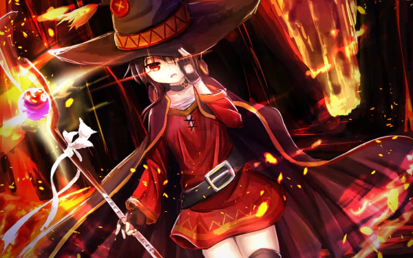 HD wallpaper featuring Megumin from the anime KonoSuba: God's Blessing on This Wonderful World!!, dressed in her iconic outfit, holding a staff amidst a dynamic, fiery background.