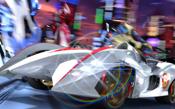 HD PC desktop wallpaper: Speed Racer movie scene — sleek white racecar streaks through a neon cityscape with riders and vivid motion-blur light trails.