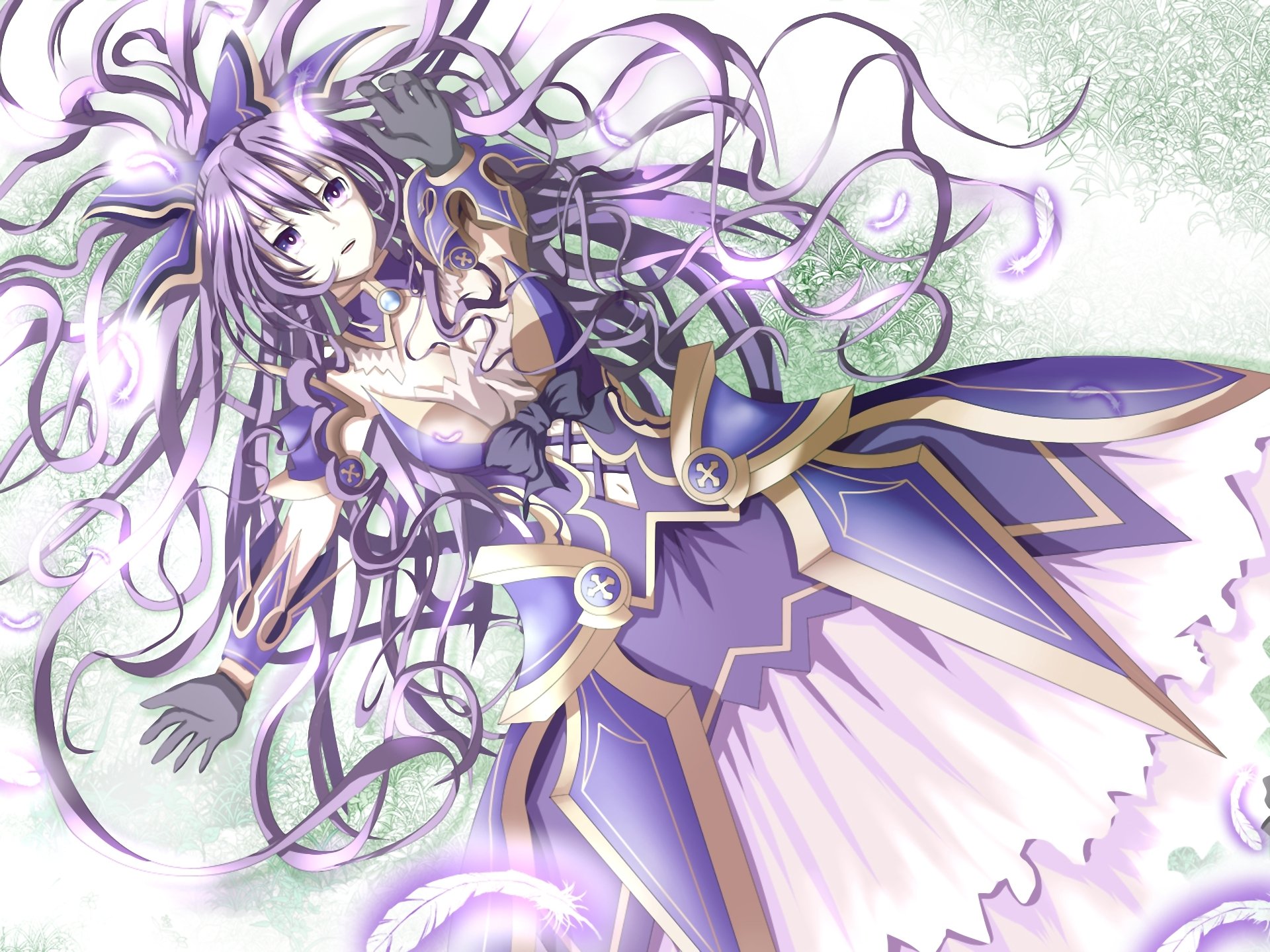 HD PC desktop wallpaper featuring Tohka Yatogami from the anime Date A Live, showcasing her detailed purple and white outfit with flowing ribbons.