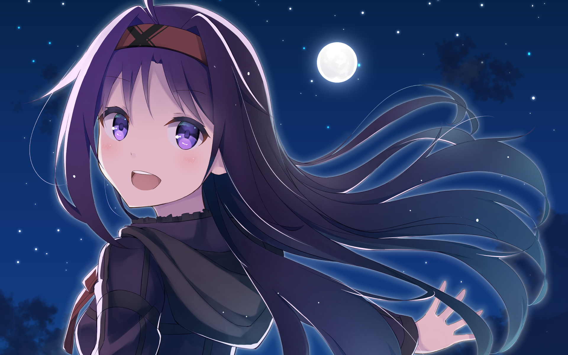 HD PC desktop wallpaper featuring a character from Sword Art Online II with flowing dark hair under a full moon in a starry night sky, in anime style.