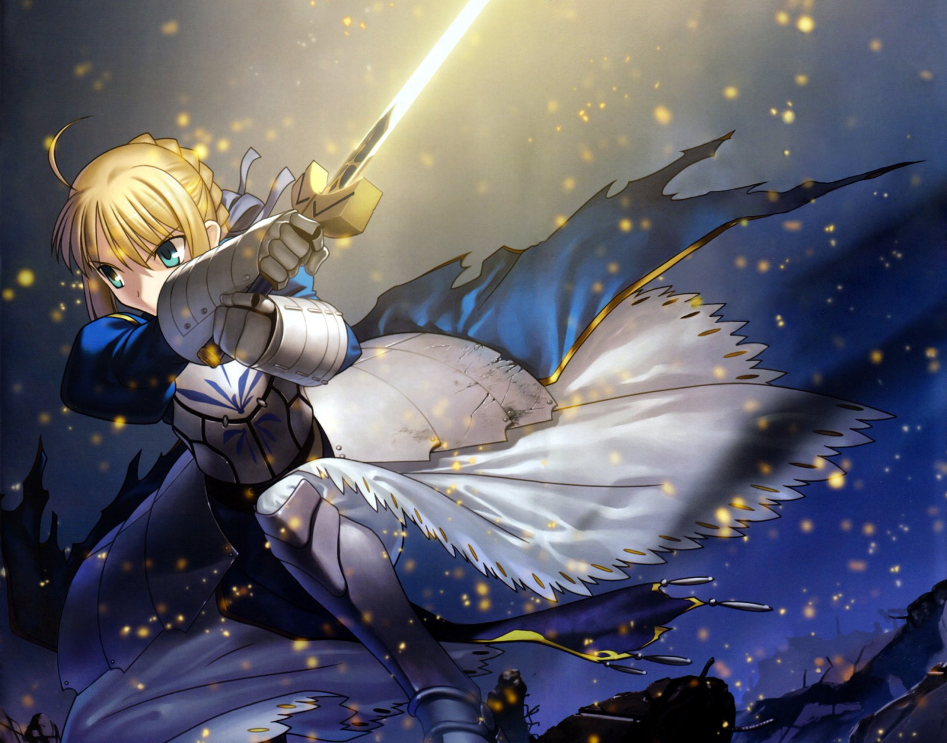 HD anime wallpaper featuring Saber from Fate/Stay Night in dynamic battle pose, glowing sword drawn against a dark, spark-filled background.