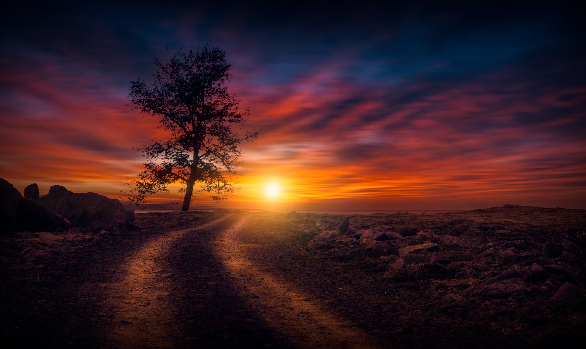 4K Ultra HD desktop wallpaper featuring a winding dirt road, a lone tree, and a vibrant sunset sky showcasing nature’s beauty.