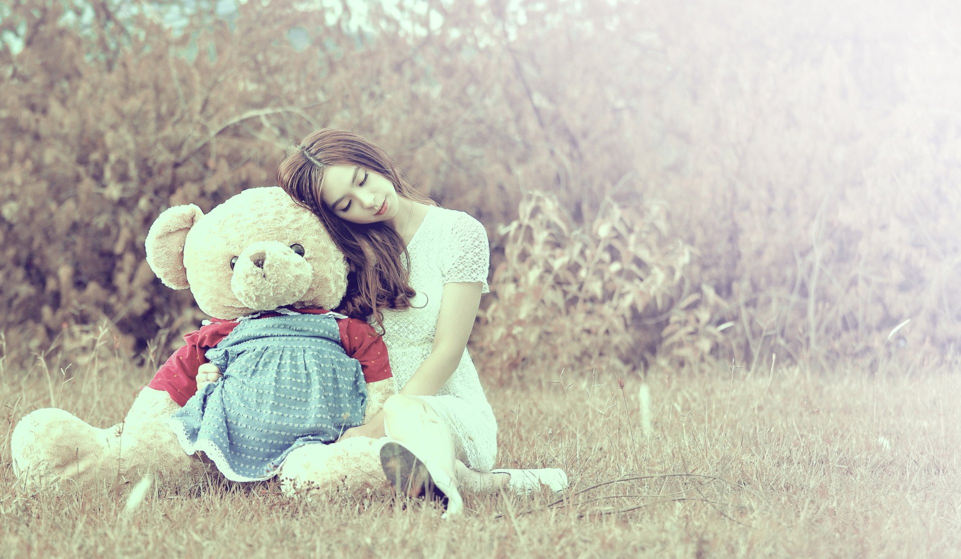 Download Teddy Bear Stuffed Animal White Dress Brunette Model Woman ...