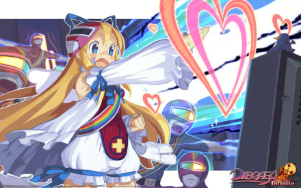 HD desktop wallpaper from Disgaea 5: Alliance of Vengeance featuring a vibrant character with angel wings amidst colorful hearts and neon accents.