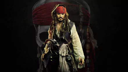 HD wallpaper featuring Johnny Depp as Jack Sparrow from the movie Pirates of the Caribbean, standing against a dark background with a faint image of a skull in the backdrop.