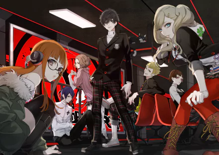 A vibrant HD desktop wallpaper featuring characters from Persona 5, including Ann Takamaki, Futaba Sakura, Ryuji Sakamoto, Haru Okumura, Makoto Niijima, Morgana, and protagonist Akira Kurusu in a stylish setting.