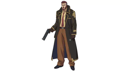 HD PC desktop wallpaper featuring Blitz Talker from the anime Re:Creators, showcasing the character in a detailed long coat and holding a gun.