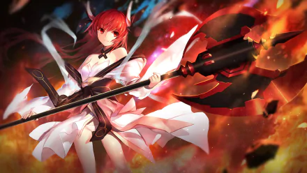 HD wallpaper of Kotori Itsuka from the anime Date A Live, depicted in an action pose with a large weapon, against a fiery background.