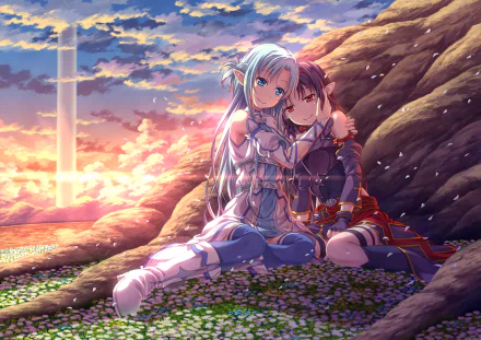 Anime characters Yuuki Konno and Asuna Yuuki from Sword Art Online II share a tender moment, sitting amidst a vibrant sunset background. The HD wallpaper showcases detailed artwork and emotional expression.
