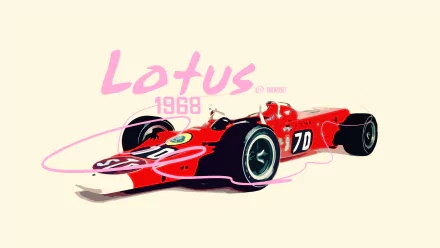 HD desktop wallpaper featuring a red Lotus race car, tagged with Lotus Cars, race car, and vehicle, with Lotus 1968 in pink text in the background.