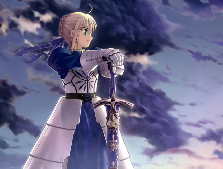 HD PC desktop wallpaper featuring Saber from the anime Fate/Stay Night standing with her sword against a dramatic cloudy sky background.