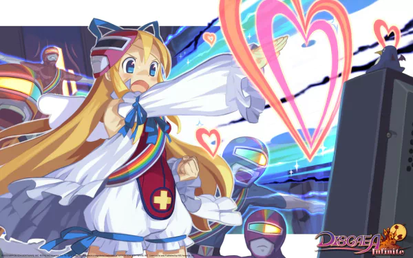 HD desktop wallpaper from Disgaea 5: Alliance of Vengeance featuring a vibrant character with angel wings amidst colorful hearts and neon accents.