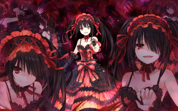 An HD desktop wallpaper featuring Kurumi Tokisaki from the anime Date A Live, showcasing multiple dynamic poses with a dark, vibrant background.