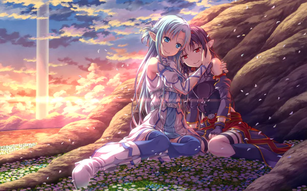 Anime characters Yuuki Konno and Asuna Yuuki from Sword Art Online II share a tender moment, sitting amidst a vibrant sunset background. The HD wallpaper showcases detailed artwork and emotional expression.