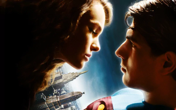 HD desktop wallpaper from the movie Superman Returns, featuring a close-up of two characters gazing at each other with intensity.
