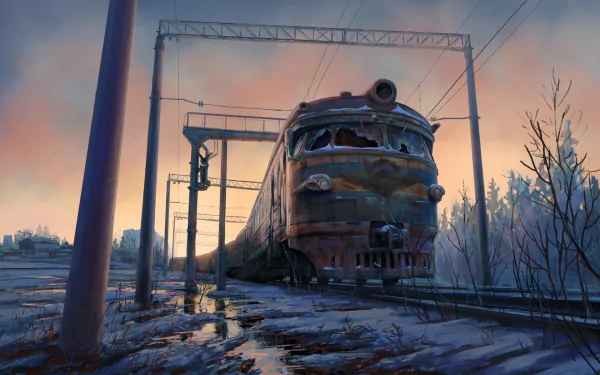 A high-definition desktop wallpaper depicting a rusted train in a post-apocalyptic, sci-fi setting, surrounded by a desolate, frost-covered landscape at sunset.