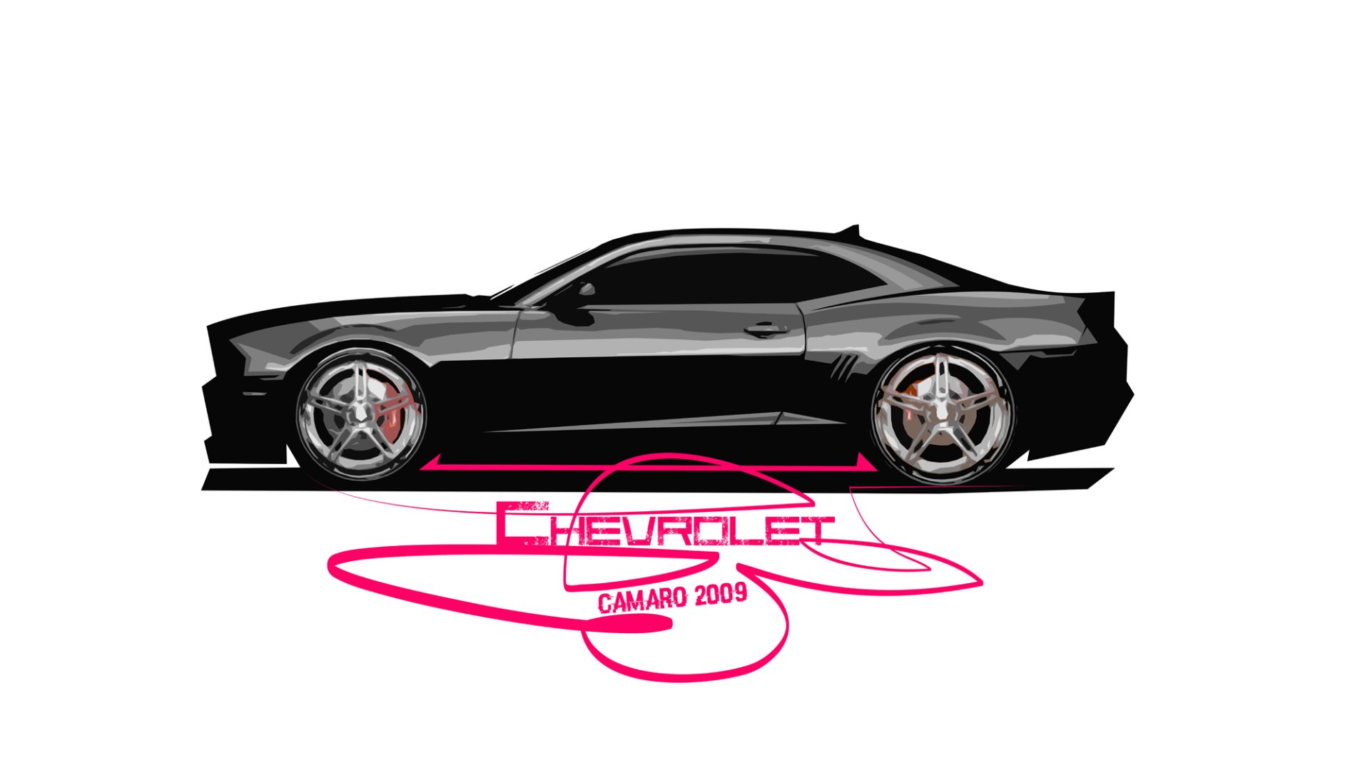 HD desktop wallpaper featuring a sleek black Chevrolet Camaro SS. The image showcases the side profile of the vehicle with Chevrolet Camaro 2009 text. Vibrant and detailed automotive design.