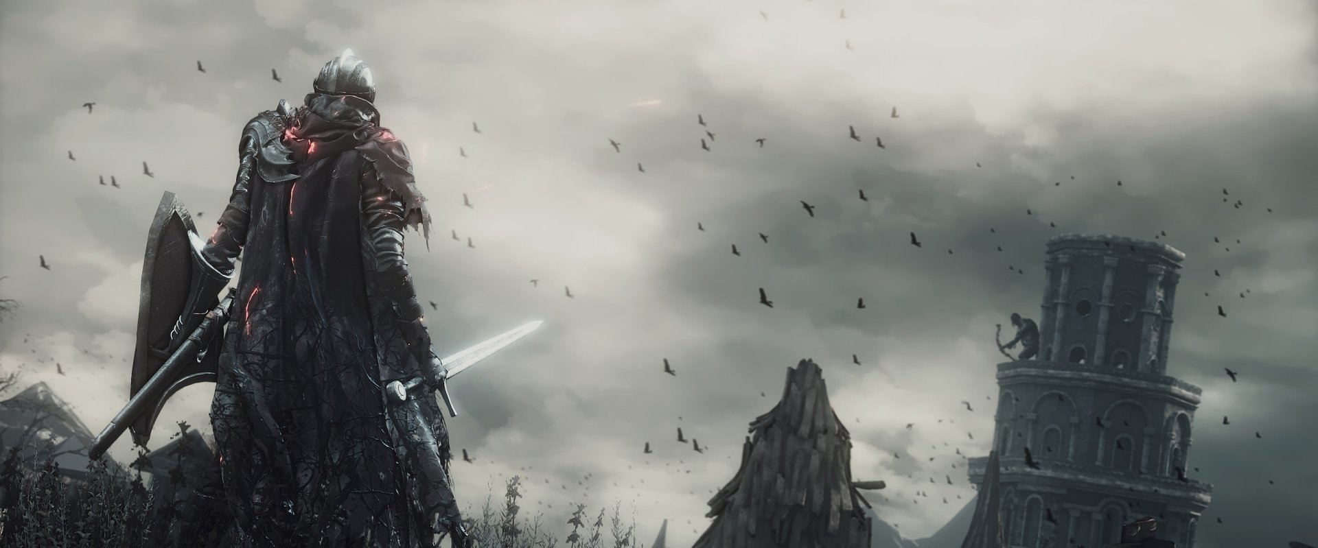 HD PC desktop wallpaper featuring a dark armored warrior from the video game Dark Souls III, standing amid a gloomy, bird-filled sky and crumbling medieval ruins.