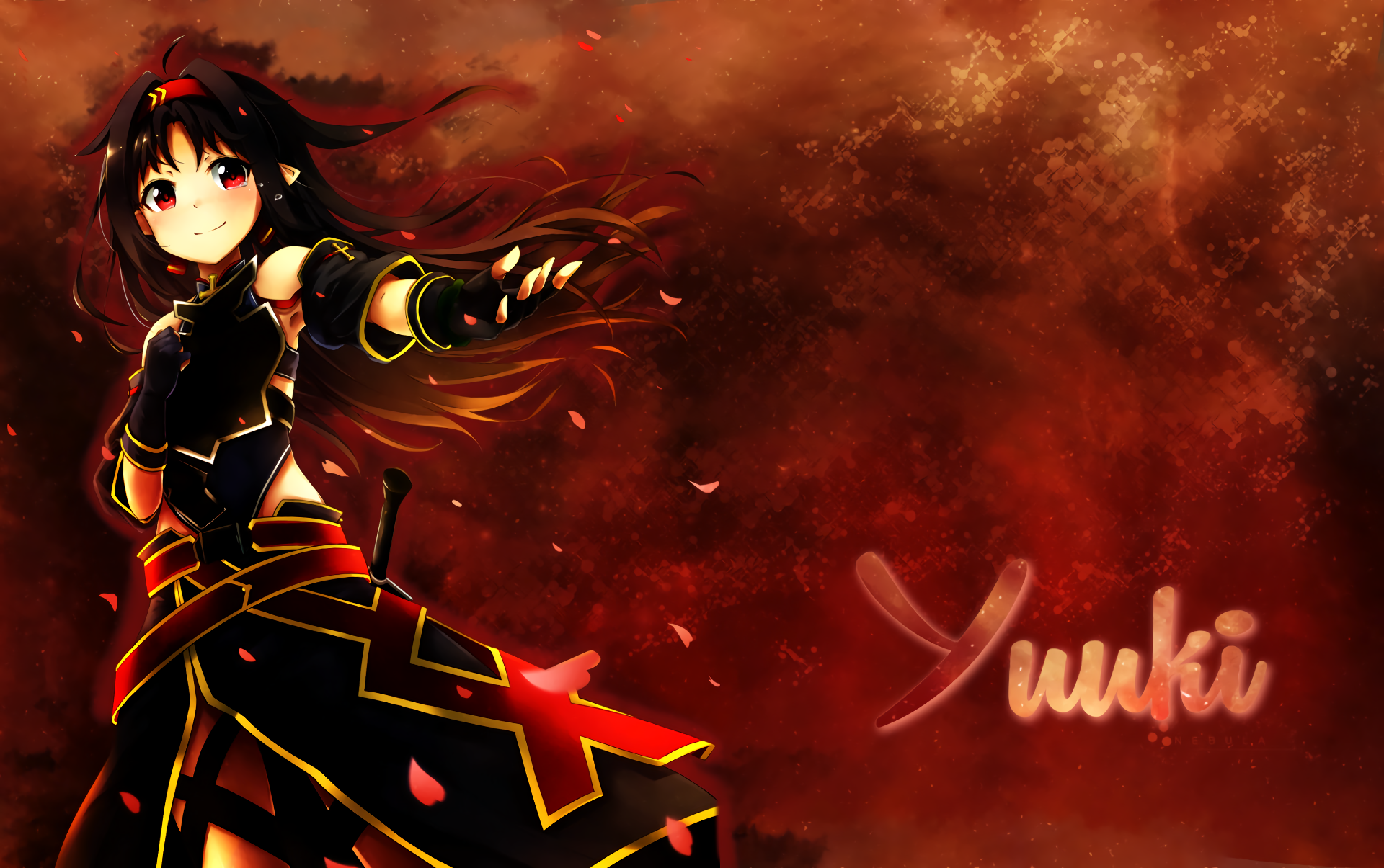 HD PC wallpaper featuring Yuuki Konno from Sword Art Online II, showcasing her dynamic pose with fiery red and orange tones in the background.