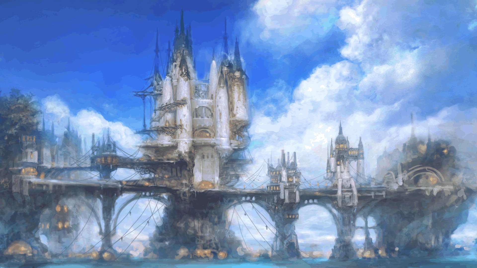 HD PC desktop wallpaper featuring a fantasy castle and bridge scene from the video game Final Fantasy XIV, set against a vibrant blue sky with scattered clouds.