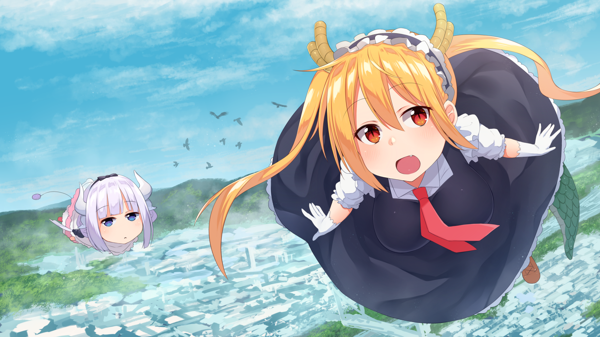 HD PC desktop wallpaper featuring Tohru and Kanna Kamui from the anime Miss Kobayashi's Dragon Maid soaring above a cityscape.