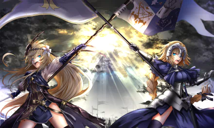 A HD desktop wallpaper featuring a dynamic crossover of Jeanne d'Arc from Granblue Fantasy and Jeanne d'Arc from Fate Series, both holding flags against a dramatic sky backdrop.