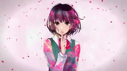 HD desktop wallpaper featuring Hanabi Yasuraoka from the anime Kuzu no Honkai, with a gentle background and pink flower petals falling around her as she holds a finger to her lips.