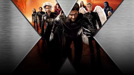 HD PC desktop wallpaper featuring the main cast of the movie X-Men: The Last Stand with a metallic X-shaped design and fiery background.