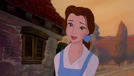 HD desktop wallpaper featuring Belle from the 1991 animated film Beauty and the Beast, with a village background.