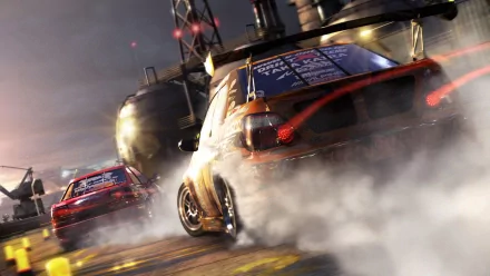 HD PC desktop wallpaper featuring intense car racing action from the video game Race Driver: Grid, showcasing high-speed drift and dynamic motion on a city track.