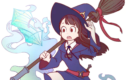 HD anime desktop wallpaper featuring Atsuko Kagari from Little Witch Academia, depicted in her witch outfit holding a broom with a glowing magical aura.