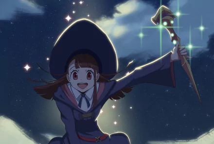 Atsuko Kagari from Little Witch Academia excitedly flies through a starry night sky, glowing wand in hand, captured in this HD anime desktop wallpaper.