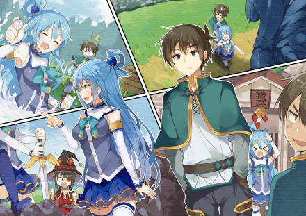 HD desktop wallpaper featuring Kazuma Satou and Aqua from the anime KonoSuba - God's Blessing on This Wonderful World!!. The vibrant image showcases various humorous scenes.