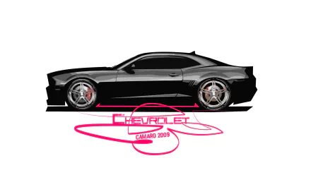 HD desktop wallpaper featuring a sleek black Chevrolet Camaro SS. The image showcases the side profile of the vehicle with Chevrolet Camaro 2009 text. Vibrant and detailed automotive design.