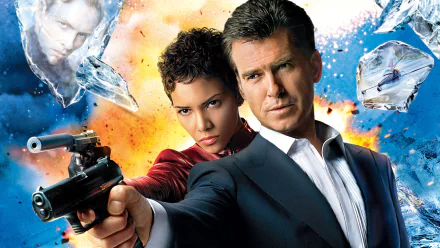 HD desktop wallpaper: James Bond and Jinx Johnson aim guns with Gustav Graves in the background amid ice shards and explosions — Die Another Day
