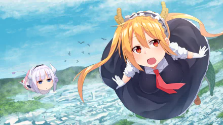 HD PC desktop wallpaper featuring Tohru and Kanna Kamui from the anime Miss Kobayashi's Dragon Maid soaring above a cityscape.