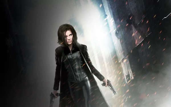 HD PC desktop wallpaper and background from the movie Underworld: Awakening — a leather-clad female warrior holds twin pistols amid smoky, ember-lit urban ruins.