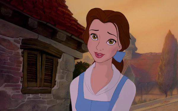 HD desktop wallpaper featuring Belle from the 1991 animated film Beauty and the Beast, with a village background.