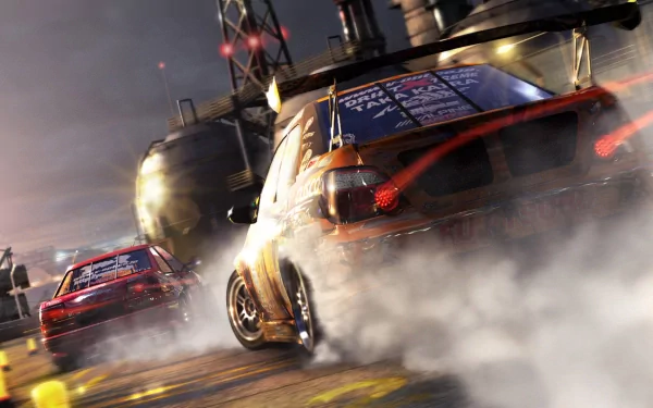 HD PC desktop wallpaper featuring intense car racing action from the video game Race Driver: Grid, showcasing high-speed drift and dynamic motion on a city track.