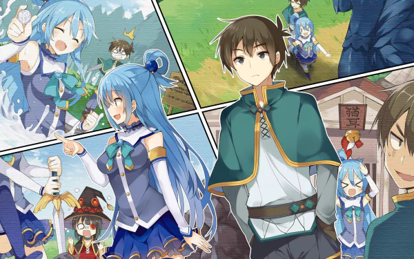 HD desktop wallpaper featuring Kazuma Satou and Aqua from the anime KonoSuba - God's Blessing on This Wonderful World!!. The vibrant image showcases various humorous scenes.