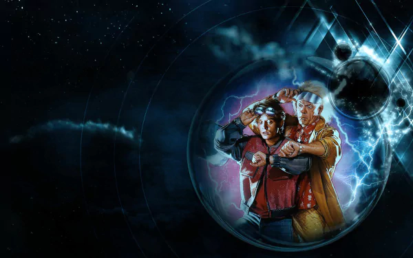 Back To The Future Part II HD PC desktop wallpaper: two figures in retro‑futuristic clothing stand in a glowing time portal, lightning arcs and a hovering car silhouette against a starry void.