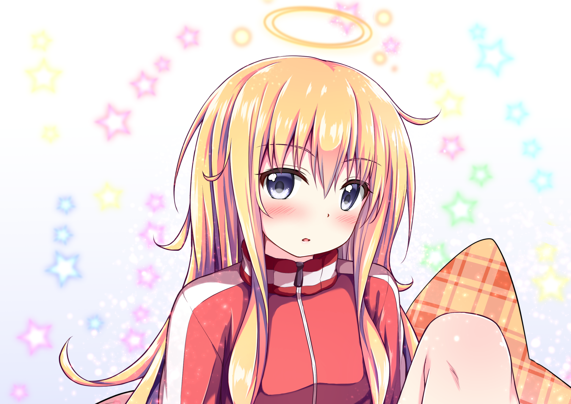 HD anime desktop wallpaper featuring Gabriel Tenma White from Gabriel DropOut, showcasing her with long blonde hair, a red jacket, and a soft, blushing expression.