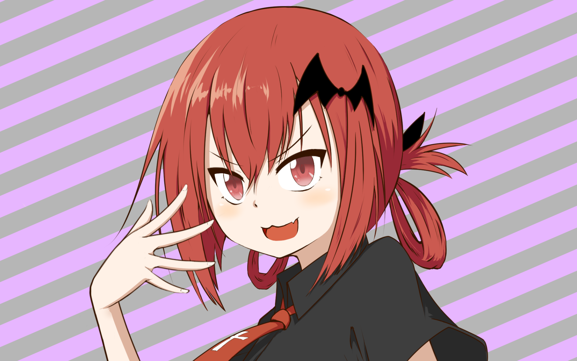 HD PC desktop wallpaper of Satanichia Kurumizawa McDowell from the anime Gabriel DropOut, featuring her playful expression and red hair against a purple striped background.